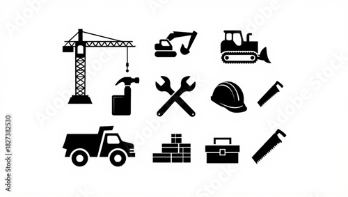 Construction icons set featuring heavy machinery and tools