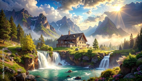 Idyllic Mountain Retreat: A Serene Landscape with Waterfall and Charming House