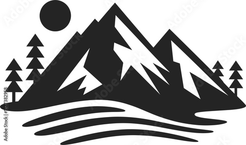 Stylized Mountain Range with Sun and Trees Silhouette mountains peak