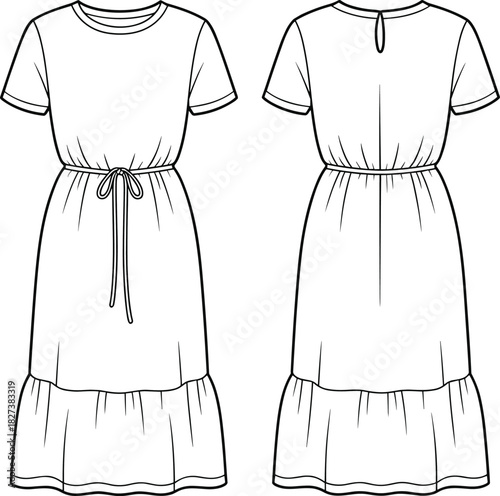 “Flat CAD vector illustration of casual short-sleeve midi dress with waist tie, gathered skirt panel, technical fashion design drawing, outline template”