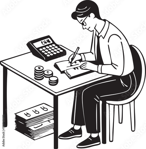 Accountant or businessman managing finances, calculating income and expenses, doing tax preparation, or budget planning. black and white vector