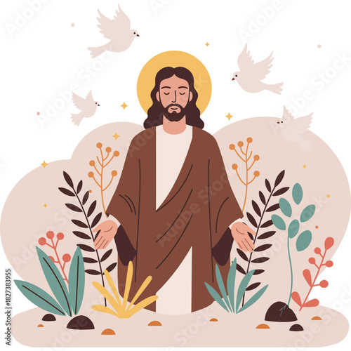 Jesus Christ with doves and plants illustration religion faith spirituality Christianity peace holy spirit