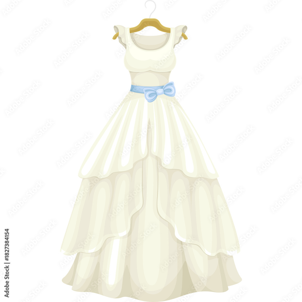 Fototapeta premium White layered wedding dress with light blue ribbon detail hanging on a wooden hanger white background detailed illustration
