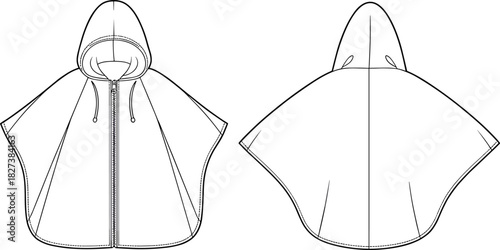 “Hooded poncho technical flat drawing with zipper front, detailed seam lines, fashion CAD illustration for garment design presentation”