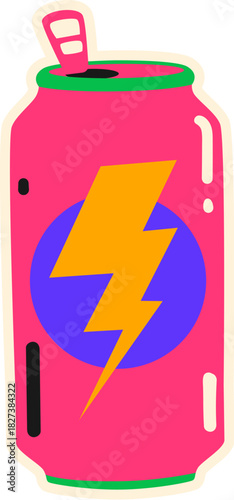 Fast food energy drink can retro Y2K sticker or symbol. Street food soda funky nostalgic vector sticker, takeout menu patch. Fast food tag with lightning bolt on sweet beverage aluminum can or bottle