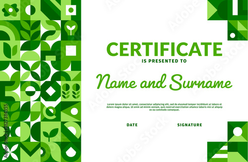 Ecology diploma certificate with green geometric pattern, vector template. Appreciation letter or diploma certificate for achievement in green technology or eco environment with geometric shapes frame