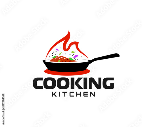 Restaurant grill menu pan cook icon or badge. Restaurant kitchen cook menu icon, culinary cooking utensil vector emblem. Fast food cuisine WOG pan badge or label with meat frying on cast iron pan