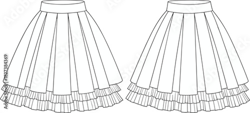 “Detailed vector CAD illustration of pleated layered skirt design with ruffle hem, fashion technical drawing template for apparel designers”