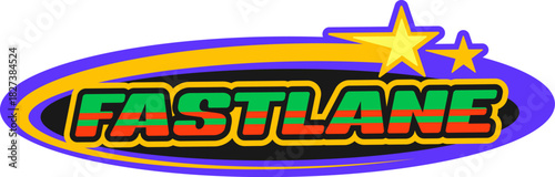 Motorsport race fastline Y2K retro sticker or tag. Rally race competition vintage vector label, grand prix retro sticker. Speed racing championship tag with shooting stars and typography