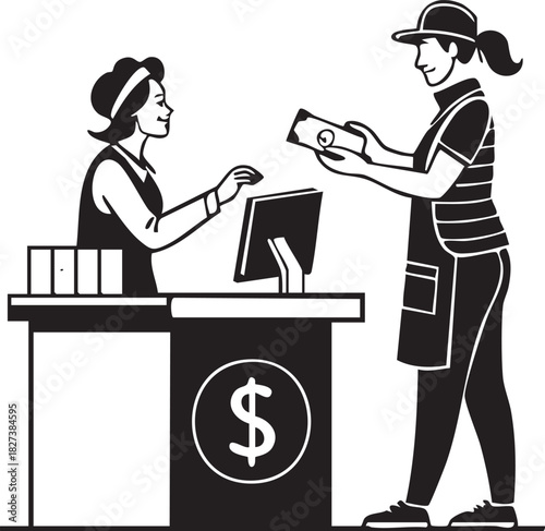 Two women at a store counter with one handing money to the other isolated on transparent background