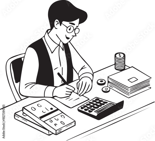 Accountant or financial expert calculating finances, managing budget, saving money, and organizing documents at desk, black and white vector