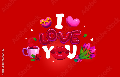 I love you valentines day quote exudes passion. Cartoon vector romantic typography phrase in balloon letters, surrounded by hearts, lips, cup of coffee and bouquet of tulips on vibrant red background