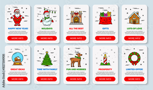 Mobile app onboarding screens, Christmas holiday festive winter Xmas cards with Santa Claus, cheerful snowman, glowing fireplace, stockings or house, gifts bag and fireplace. Vector onboarding screens