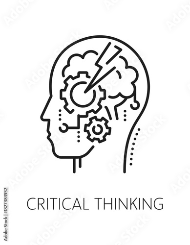 Critical thinking mental health and psychology line icon or symbol. Mental health problem outline vector pictogram, psychology lineart icon. Psychotherapy symbol with head silhouette and cogwheels