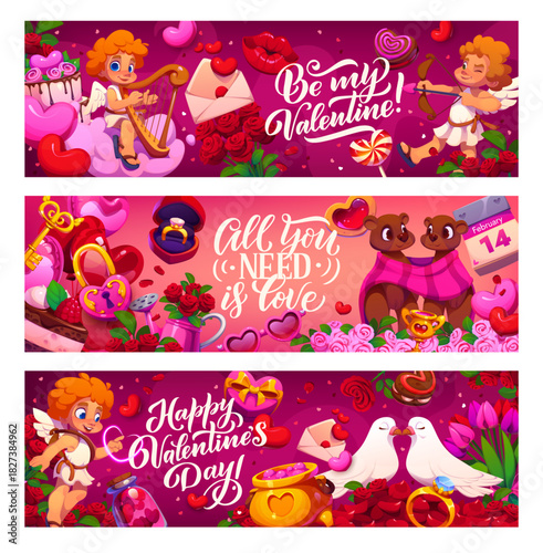 Valentine day holiday banners with love characters and hearts, vector greetings. Valentine day banners with cupid angels, kiss lips and doves couple, love message envelope and pink clouds with flowers