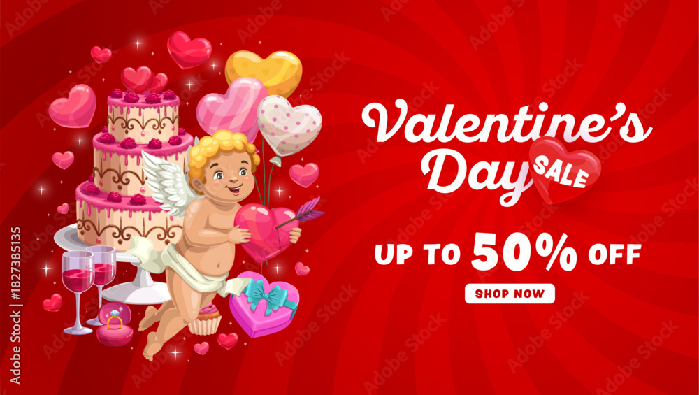 Fototapeta premium Valentine Day sale poster with cupid and heart balloons, vector discount promo ad. Valentine day sale and love holiday promotion poster with wedding cake, gifts and cupid angel for shop or store sale