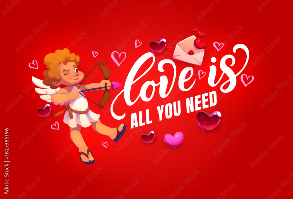 Fototapeta premium Love is all you need valentines day quote phrase. Vector delightful romantic greeting card featuring cute cherub aiming with a bow, surrounded by flying hearts, and letter envelope on red background