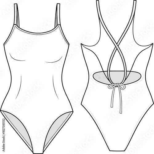 “Fashion CAD drawing of women’s one-piece swimsuit with strappy open back design, detailed flat vector illustration for apparel and swimwear design”