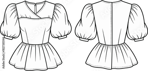 “Fashion CAD drawing of women’s puff sleeve peplum blouse with front and back view, detailed flat vector illustration for apparel design”
