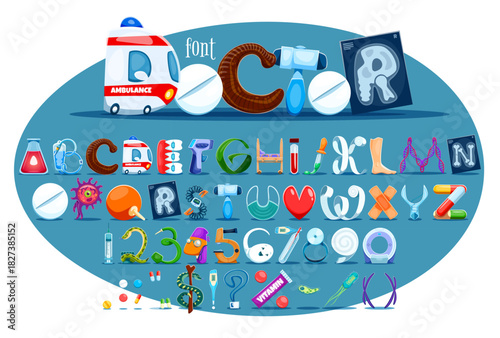 Cartoon medical font, funny healthcare typeface, medicine type, medical english alphabet. Doctor letters and numbers vector typography. Cartoon pills, xray, thermometer or ambulance font alphabet set