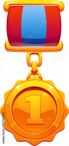 Game medal with number 1 gold award badge for victory or achievement trophy, vector icon. Winner medal or gold medallion with chevron ribbon for first place and level award and victory trophy badge
