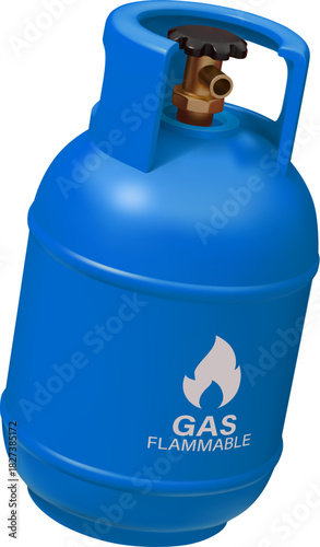 Gas cylinder in 3D with flammable warning sign of liquid gas or LPG, vector blue container. Realistic gas cylinder or metal tank canister for oxygen, propane, or butane, and nitrogen gas cylinder