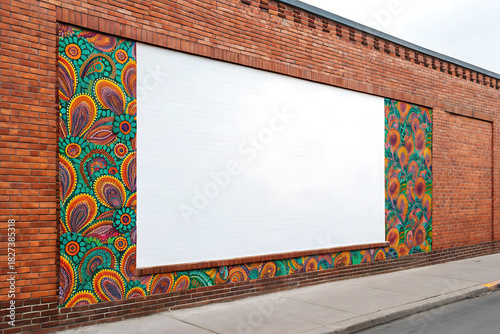 Blank white billboard on brick wall with colorful mural border