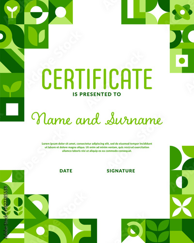 Ecology vertical diploma with green geometric pattern, vector certificate template. Modern trendy abstract geometric shape pattern on diploma certificate for green energy or sustainable eco technology