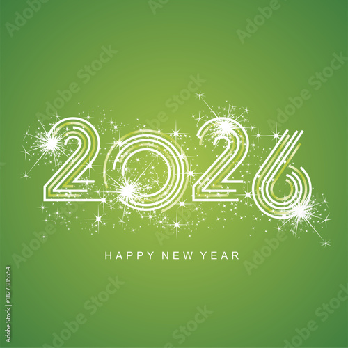 2026 New Year abstract light green white multiply line design of 2026 year numbers shining glitter sparkle firework green background greeting card