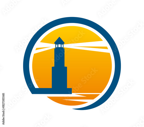 Marine navigation lighthouse and beacon building. Yachting club round vector emblem, sea sailing lantern searchlight icon. Marine travel sign with lighthouse silhouette, light beam and orange sky