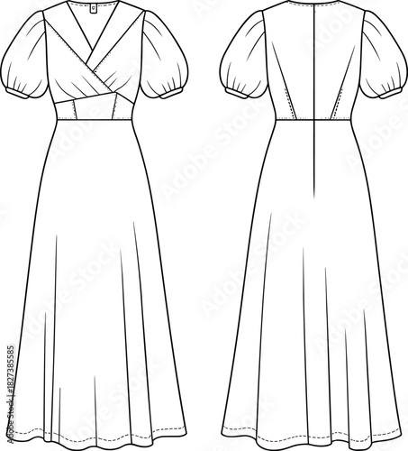 “Technical flat vector cad drawing of women’s puff sleeve wrap bodice maxi dress with fitted waist, flowing skirt, detailed sewing illustration design”