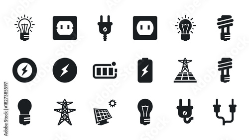 Electricity and energy icon set isolated on white background, Vector