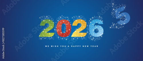 New Year 2026 white colorful shining bold typography logo with many stars and stardust in the shape of 2026 over all. end of 2025 and beginning of a new year white blue background greeting card
