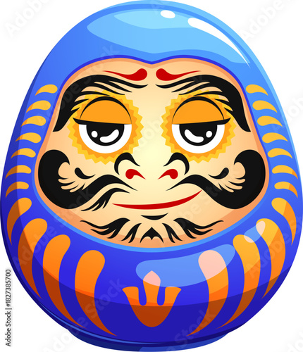 Cartoon Japanese chill blue daruma doll. Asia luck symbol , Japanese culture samurai toy vector personage. Japan traditional Daruma doll or Asian Bodhidharma face character with calm face