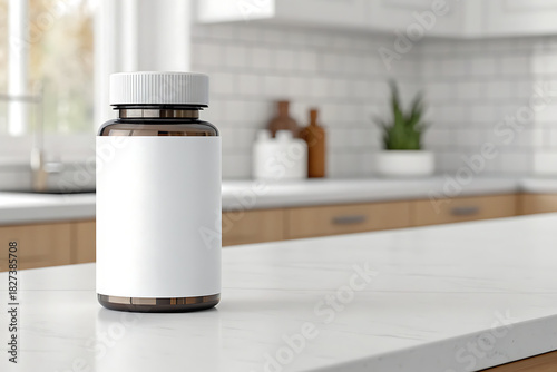 Blank label amber glass bottle on kitchen countertop with plants
