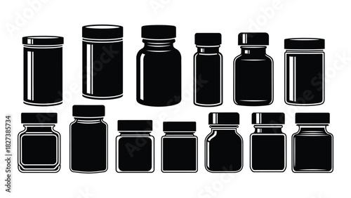 Assorted bottle and jar silhouettes isolated on white background, Vector