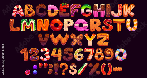 Sweet candy type, dessert font, cartoon bakery typeface, pastry confectionery english alphabet set. Vector typography sweet letters and numbers font of cake, chocolate, cupcake and ice cream desserts