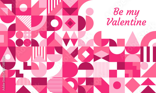 Valentines day greeting card with geometric shapes, vibrant, abstract patterns in shades of pink and maroon, framing the heartfelt message Be my Valentine. Vector romantic, retro modern holiday card
