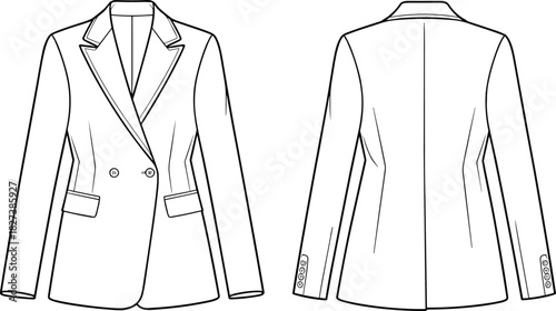 “Detailed women’s blazer technical flat sketch showcasing front and back views for fashion design, garment construction, tailoring reference, and apparel illustration”