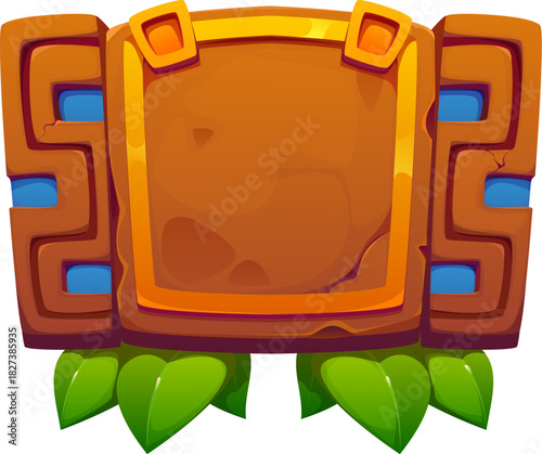 Aztec or Inca Maya Mexican game frame board for asset, vector cartoon GUI element. Game frame of stone board of Aztec civilization or Inca Maya tribal symbol for arcade game asset or information board