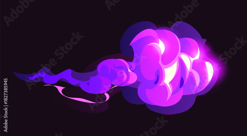 Smoke magic effect of cartoon purple light in cloud swirl, vector dust fog. Magic spell blast or smoke wave shot of energy explosion of fire lightning or mystic explode splash of magic wand