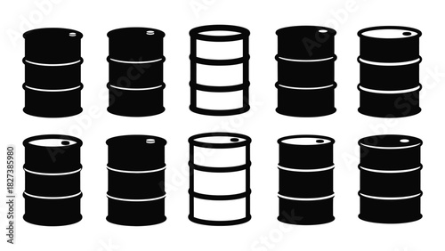 Oil drum and barrel silhouettes isolated on white background, Vector