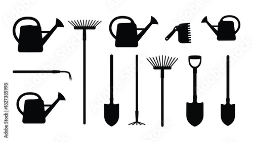 Gardening tools silhouettes isolated on white background, Vector