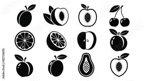 Assorted fruit silhouette icons set isolated on white background, Vector