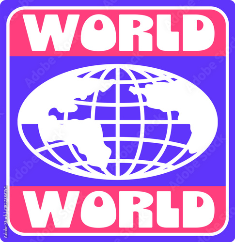 World geography globe Y2K groovy sticker or patch. Y2K vector mesh sphere label, planet wireframe globe sticker. World terrestrial sphere patch with white globe on purple background and typography