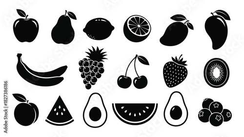Assortment of fruit silhouettes isolated on white background, Vector