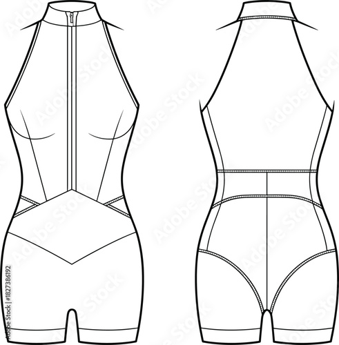 “Technical fashion cad drawing of women’s athletic halter jumpsuit with front zipper, seam detailing, contour panels, flat vector illustration design”