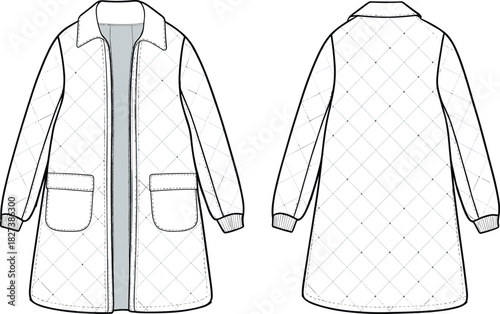 “Quilted long coat technical flat sketch, detailed CAD outerwear illustration with pockets, zipper front, seam lines, fashion design template vector”