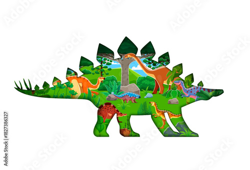 Paper cut dinosaur silhouette or background. Dravidosaurus dinosaur paper cut vector silhouette background with Probactrosaurus, Wuerhosaurus and Scutellosaurus, Ankylosaurus, Cetiosaurus inside