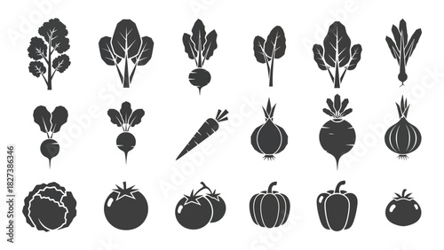 Assorted vegetable and fruit silhouettes isolated on white background, Vector